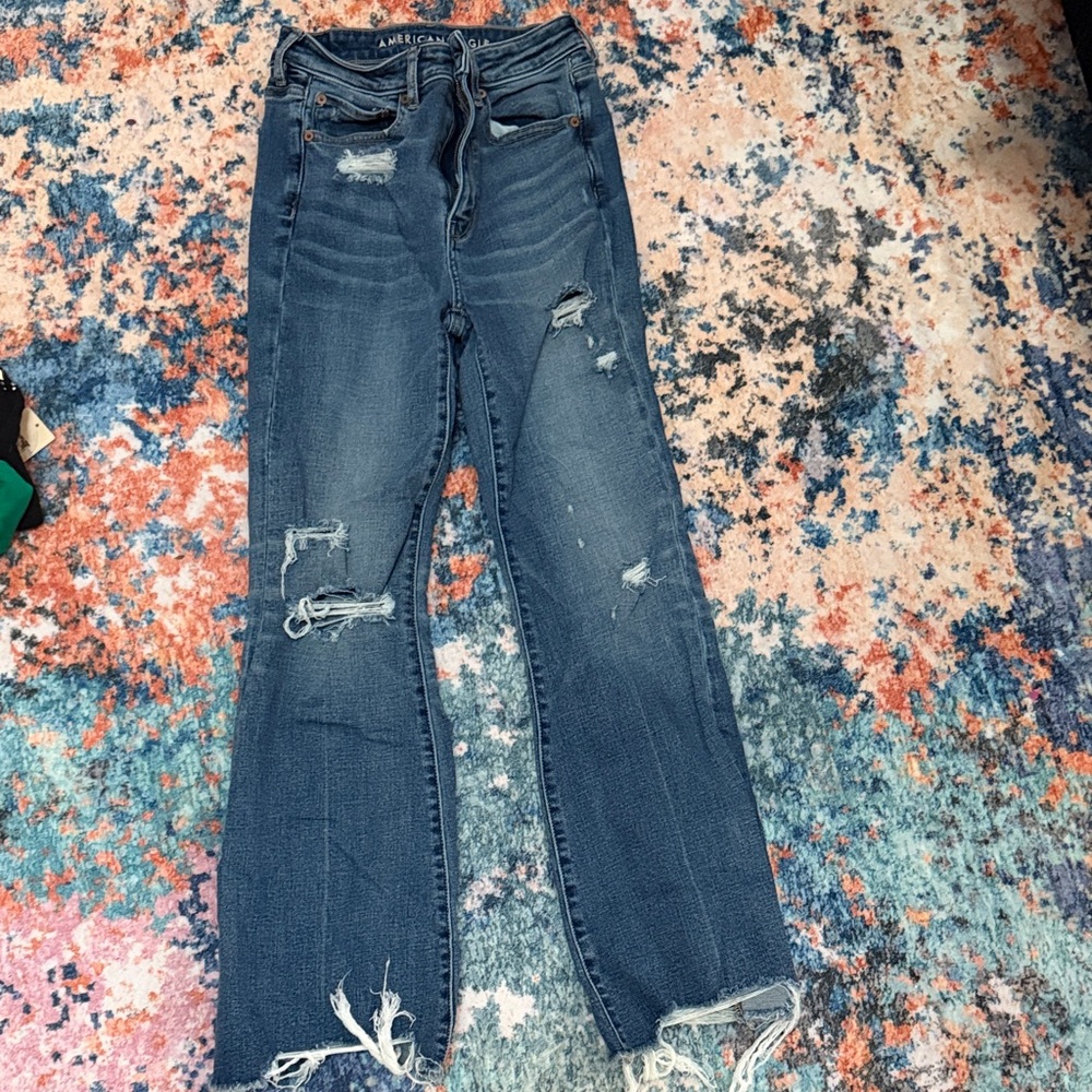 American Eagle Outfitters Dark Blue Distressed Flare Jeans